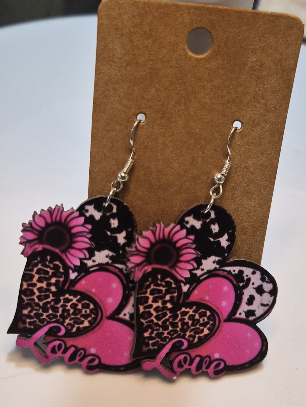 Pink Heart & Sunflower 'Love' Dangle Earrings Western Inspired